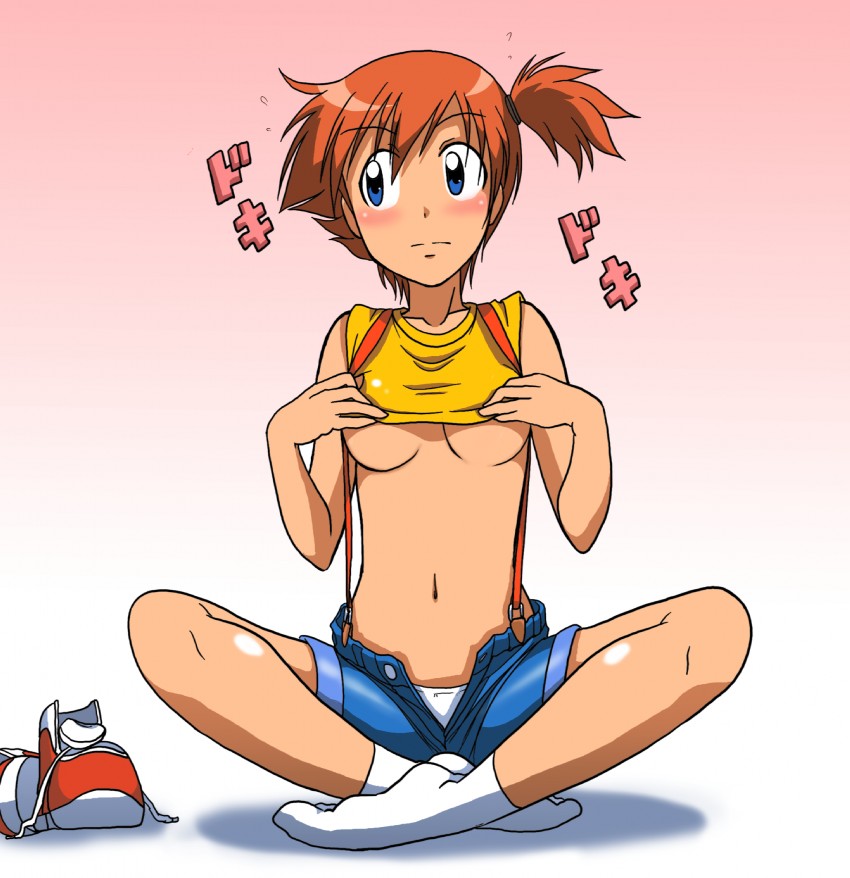kakkii, kasumi (pokemon), pokemon, blush, breasts, navel, panties, shirt pull, short shorts, shorts, socks, suspenders, underboob, underwear, unzipped