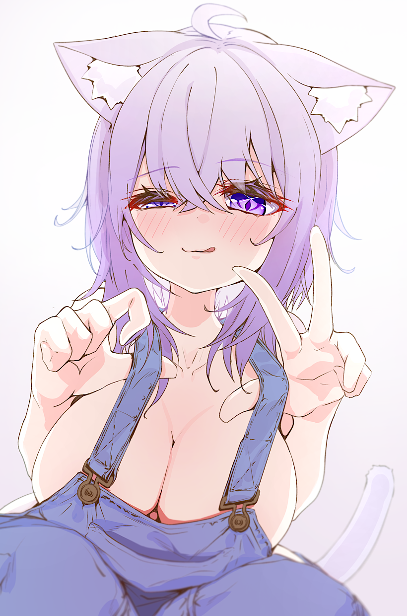 kajimakoto, nekomata okayu, hololive, highres, 1girl, ahoge, alternate costume, animal ear fluff, animal ears, blue overalls, breasts, cat ears, cat girl, cat tail, cleavage, closed mouth, large breasts, looking at viewer, naked overalls, overalls, purple eyes, purple hair, smile, solo, tail, tongue, tongue out, virtual youtuber, white background