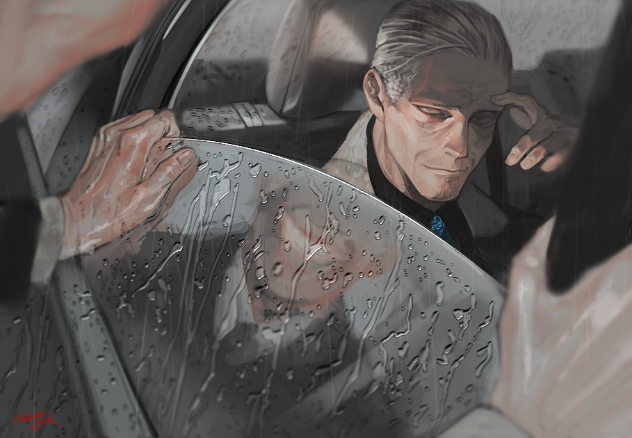 original, 2boys, black necktie, black shirt, black suit, blue eyes, blue necktie, blurry, car door, car interior, collared shirt, ctkcave, facial hair, formal clothes, goatee, grin, hair slicked back, hand on own head, hand on window, looking at another, male focus, multiple boys, necktie, no eyebrows, old, old man, rain, reflection, shirt, sitting, smile, solo, suit, white hair