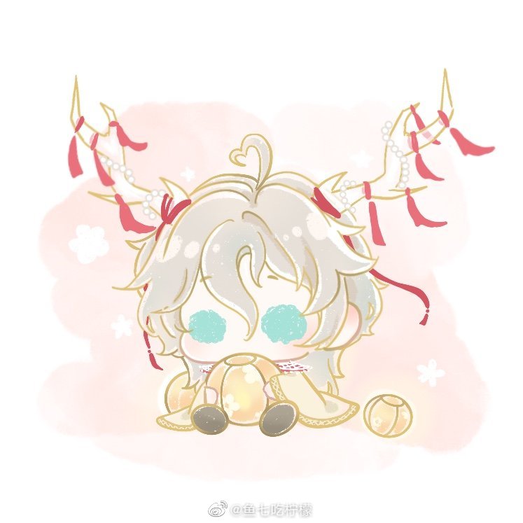 xiaoyu qixing, luming (shining nikki), nikki (series), shining nikki, chinese commentary, commentary request, 1boy, ahoge, antenna hair, antler ribbon, antlers, aqua eyes, beads, black shirt, chibi, collar, covered mouth, detached collar, floral background, grey hair, hair between eyes, heart antenna hair, holding, holding lantern, horns, lantern, light blush, long hair, long hair between eyes, long sleeves, male focus, paper lantern, pink background, red ribbon, ribbon, shirt, sitting, solid oval eyes, solo, two-tone background, watermark, weibo watermark, white background, white collar, wide sleeves, yellow hanfu, yunjian