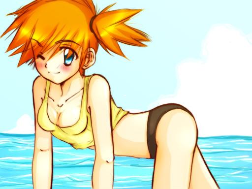 misty (pokemon), nintendo, pokemon, blue eyes, blush, breasts, cleavage, one eye closed, orange hair, swimsuit, tank top, water, wink