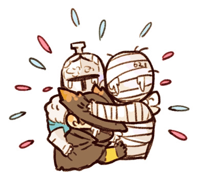 kanon (rsl), 621 (armored core vi), bearer of the curse, hunter (bloodborne), armored core, armored core vi: fires of rubicon, bloodborne, dark souls (series), dark souls ii, commentary, lowres, 1boy, 2others, ambiguous gender, bandaged head, bandages, black gloves, black hat, chibi, chibi only, crying, gloves, hat, helm, helmet, hug, multiple others, simple background, upper body, white background