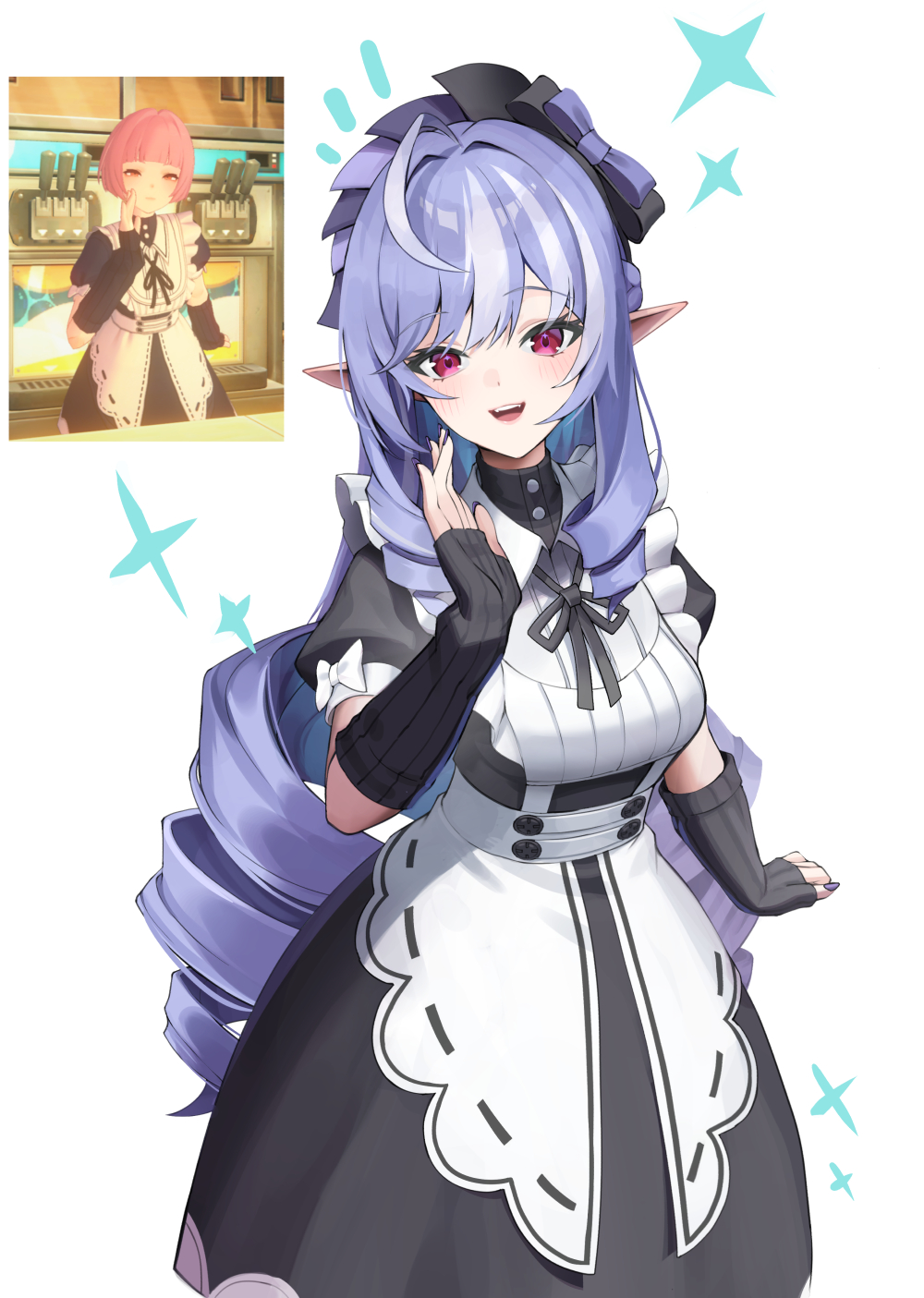 matsuhisa (ryo-tsuda1), vivian banshee, zenless zone zero, commentary request, highres, 1girl, alternate costume, apron, black arm warmers, black dress, black ribbon, blush, bow, dress, drill hair, frills, game screenshot inset, hairband, long hair, looking at viewer, maid, maid apron, neck ribbon, notice lines, open mouth, pointy ears, purple bow, purple eyes, purple hair, purple hairband, purple nails, reference inset, ribbon, solo, sparkle, standing, waving, white apron, white background, white bow