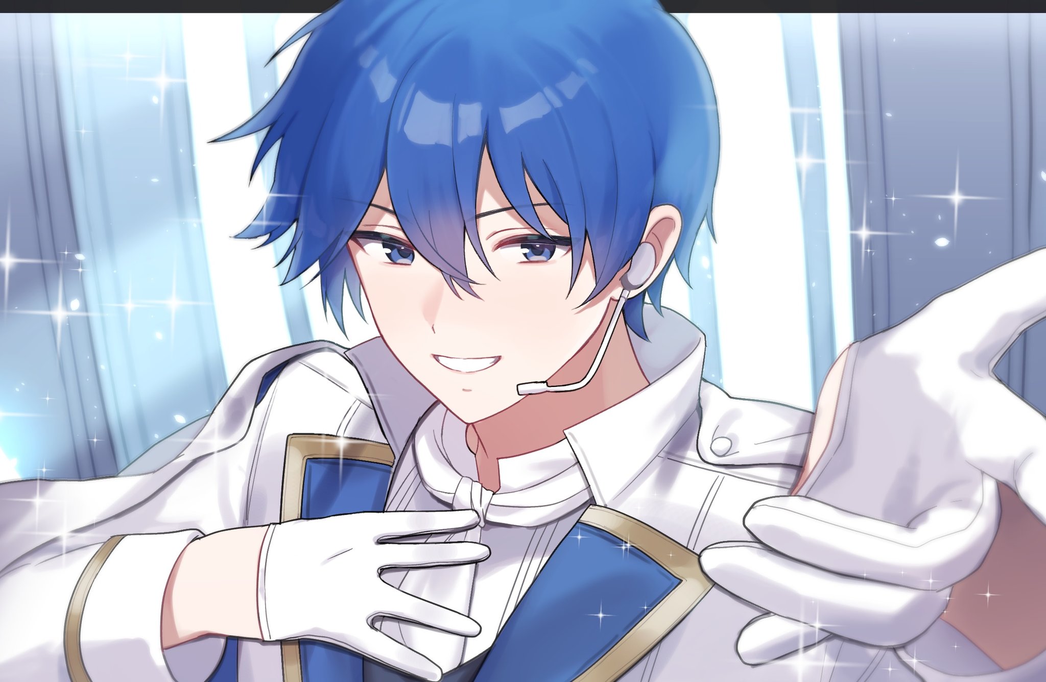 akikan sabako, kaito (vocaloid), vocaloid, commentary request, highres, video thumbnail, 1boy, :d, blue eyes, blue hair, blue view (vocaloid), collared shirt, curtains, double-parted bangs, earpiece, from above, gloves, grin, hair between eyes, half gloves, hand on own chest, hands up, jacket, lapels, long sleeves, looking at viewer, male focus, open mouth, portrait, reaching, reaching towards viewer, shirt, short hair, simple background, smile, solo, sparkle, very short hair, white background, white gloves, white jacket, white shirt