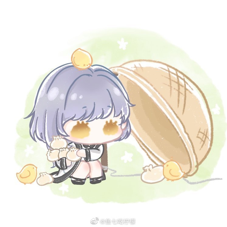 xiaoyu qixing, nikki (series), shining nikki, chinese commentary, commentary request, 1girl, animal, animal on head, ankle ribbon, baby animal, bare legs, basket, bird, bird on head, black collar, black ribbon, black shoes, booby trap, border, chibi, chick, chinese clothes, collar, colored eyelashes, dress, floral background, food, green background, grey hair, holding, holding food, jacket, knees, leg ribbon, light blush, long sleeves, looking at food, mandarin collar, no mouth, on head, ribbon, round border, see-through clothes, see-through jacket, shoes, short hair with long locks, single sidelock, solid oval eyes, solo, squatting, steamed bun, string, watermark, weibo watermark, white border, white dress, white jacket, yellow eyes, yexiao (shining nikki)