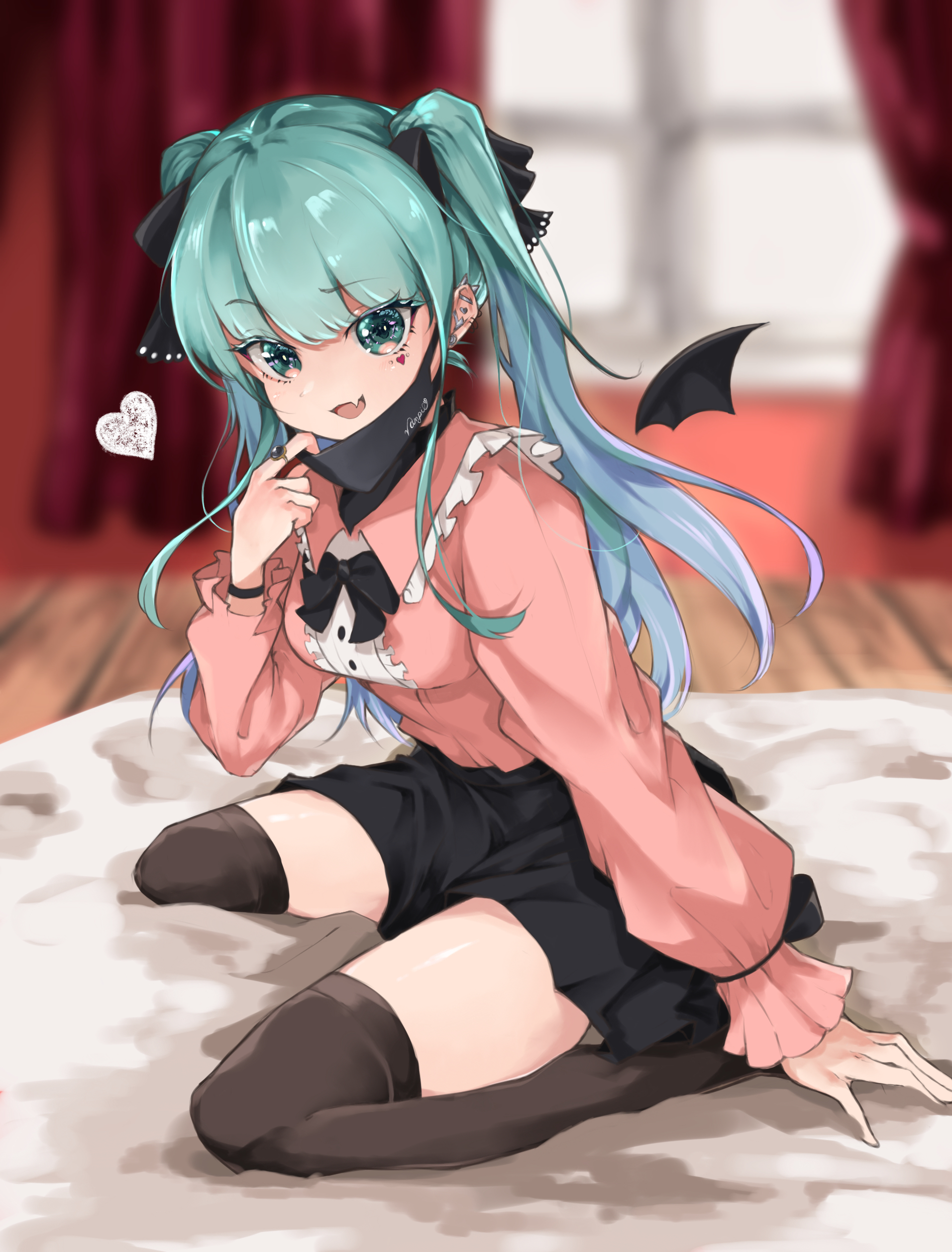 misoni (mi so ni t), hatsune miku, vampire (vocaloid), vocaloid, absurdres, commentary request, highres, 1girl, :d, adjusting mask, aqua eyes, aqua hair, bat wings, black bow, black bowtie, black skirt, black thighhighs, blue hair, blurry, bow, bowtie, center frills, collared shirt, curtains, facial mark, fang, frills, full body, gradient hair, heart, heart facial mark, long hair, long sleeves, looking at viewer, mask, mouth mask, multicolored hair, open mouth, pink shirt, puffy long sleeves, puffy sleeves, purple hair, shirt, skirt, smile, solo, thighhighs, thighs, tongue, twintails, window, wings, zettai ryouiki