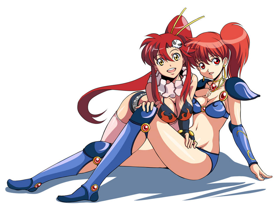 tonbo, asagiri youko, yoko littner, genmu senki leda, tengen toppa gurren lagann, armor, bikini, bikini armor, crossover, ponytail, red eyes, red hair, swimsuit, thighhighs, yellow eyes