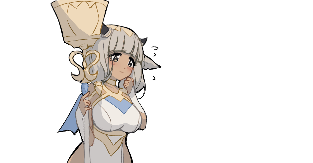 ash (fire emblem), fire emblem, fire emblem heroes, nintendo, alt text, commentary, english commentary, 1girl, animal ears, breasts, cow ears, cow girl, grey hair, holding, holding staff, horns, large breasts, momimomibun, simple background, solo, staff, white background