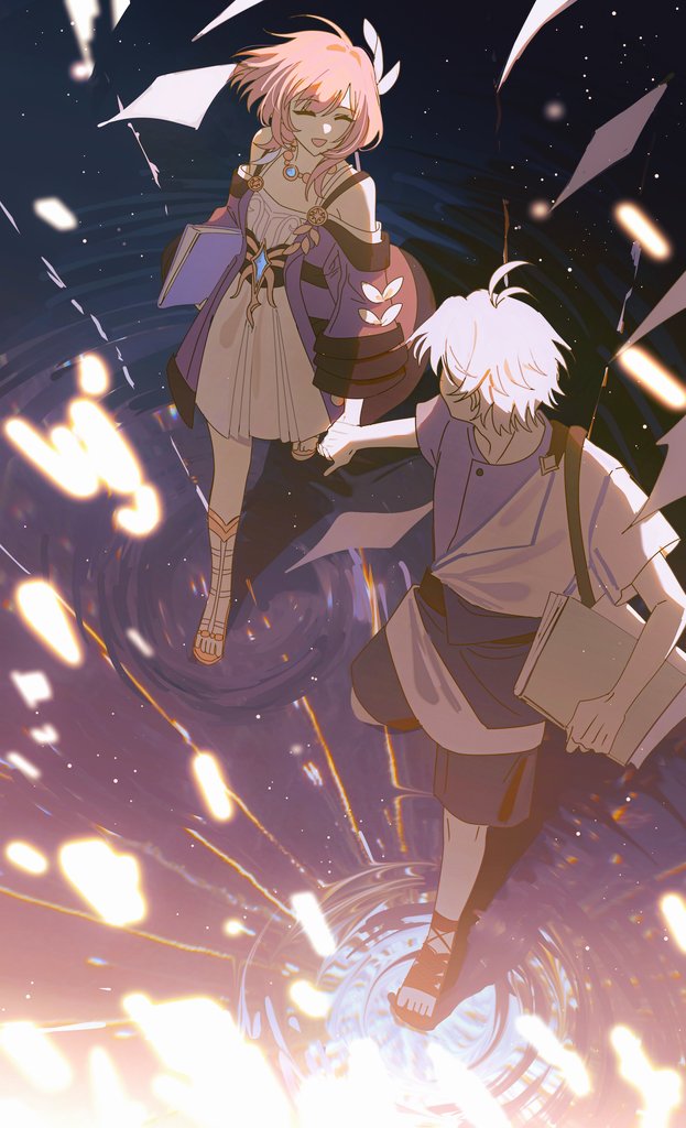cyrene (honkai: star rail), phainon (a dream scented in wheat) (honkai: star rail), phainon (honkai: star rail), honkai: star rail, honkai (series), commentary, 1boy, 1girl, ahoge, bare shoulders, black shorts, coat, cyrene (aedes elysiae) (honkai: star rail), dress, folder, hair ornament, holding, holding folder, holding hands, jewelry, marketslipper, necklace, pink hair, purple coat, purple shirt, sandals, shirt, short hair, shorts, smile, white dress, white hair