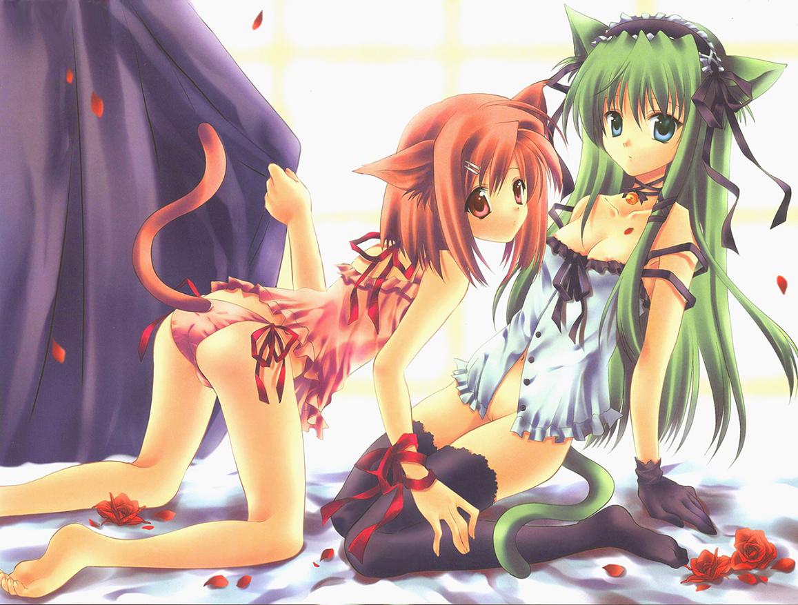 ariko youichi, 2girls, animal ears, barefoot, bell, blue eyes, breasts, cat ears, cat tail, cleavage, feet, gloves, green hair, lace, lingerie, long hair, multiple girls, red eyes, red hair, short hair, soles, tail, thighhighs, underwear, yuri