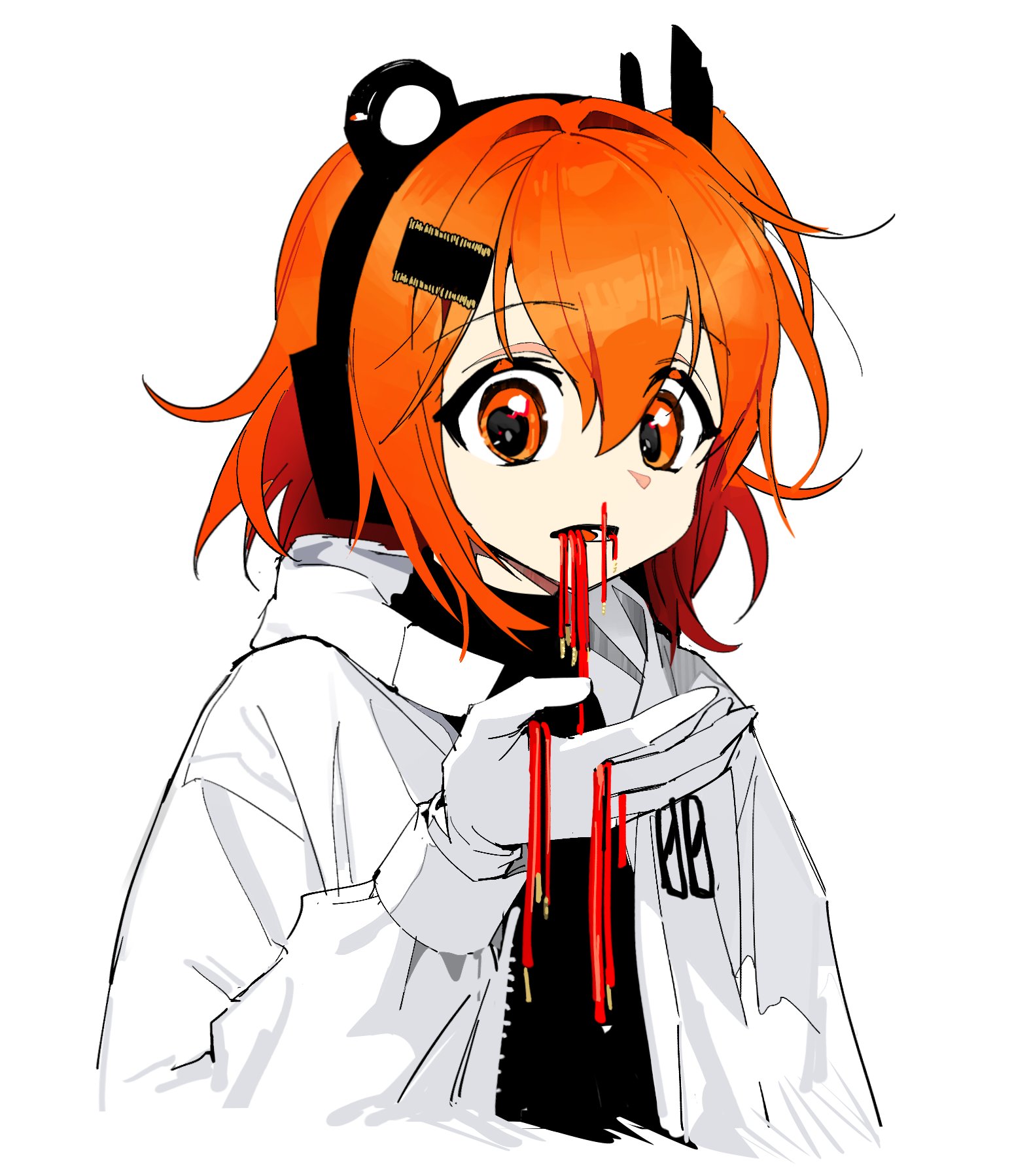 paldu, adachi rei, a.i. voice, utau, highres, 1girl, black shirt, broken cable, cable, cable in mouth, cropped torso, gloves, hand up, headlamp, headphones, holding, holding cable, hood, hood down, hooded jacket, jacket, medium hair, one side up, open clothes, open jacket, open mouth, orange eyes, orange hair, shirt, simple background, solo, upper body, white background, white gloves, white jacket