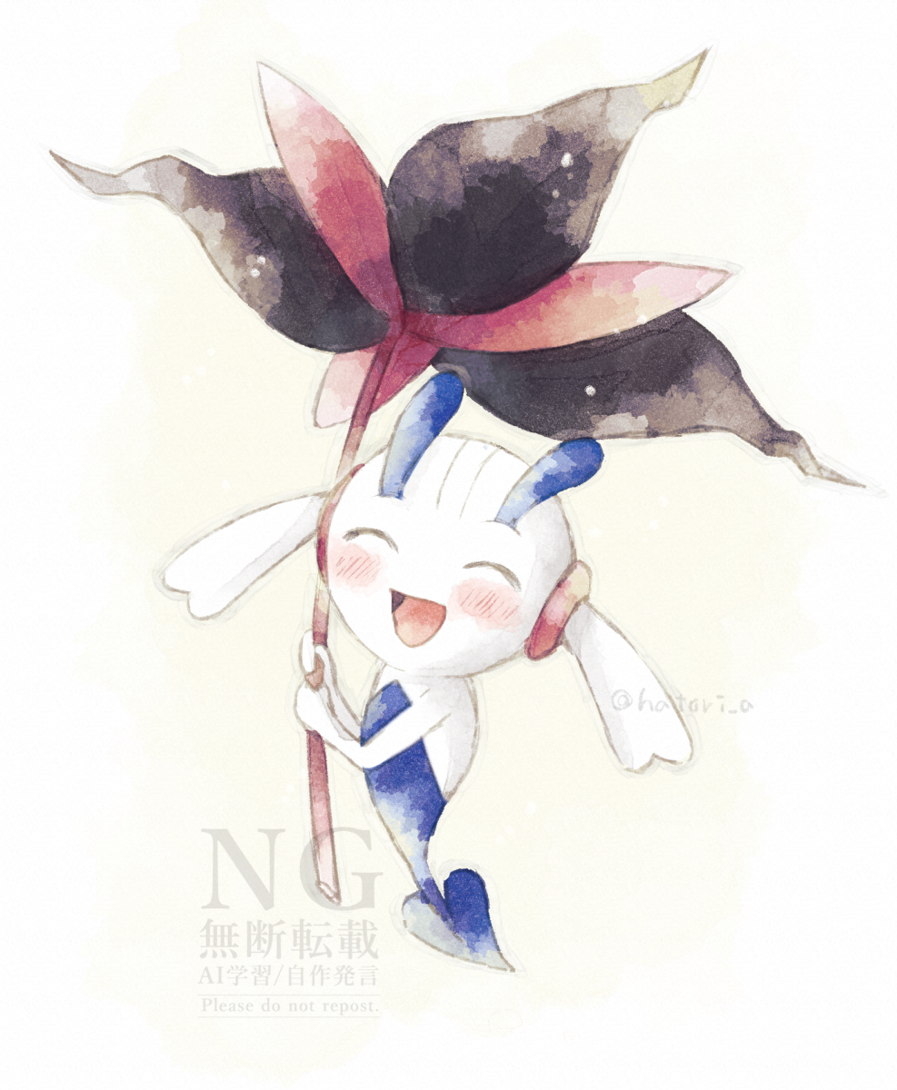 hatori a, floette, floette (eternal), nintendo, pokemon, commentary request, highres, :d, blush, closed eyes, flower, full body, gen 6 pokemon, happy, holding, holding flower, no humans, open mouth, pokemon (creature), pokemon focus, smile, solo, tongue, twitter username, watermark
