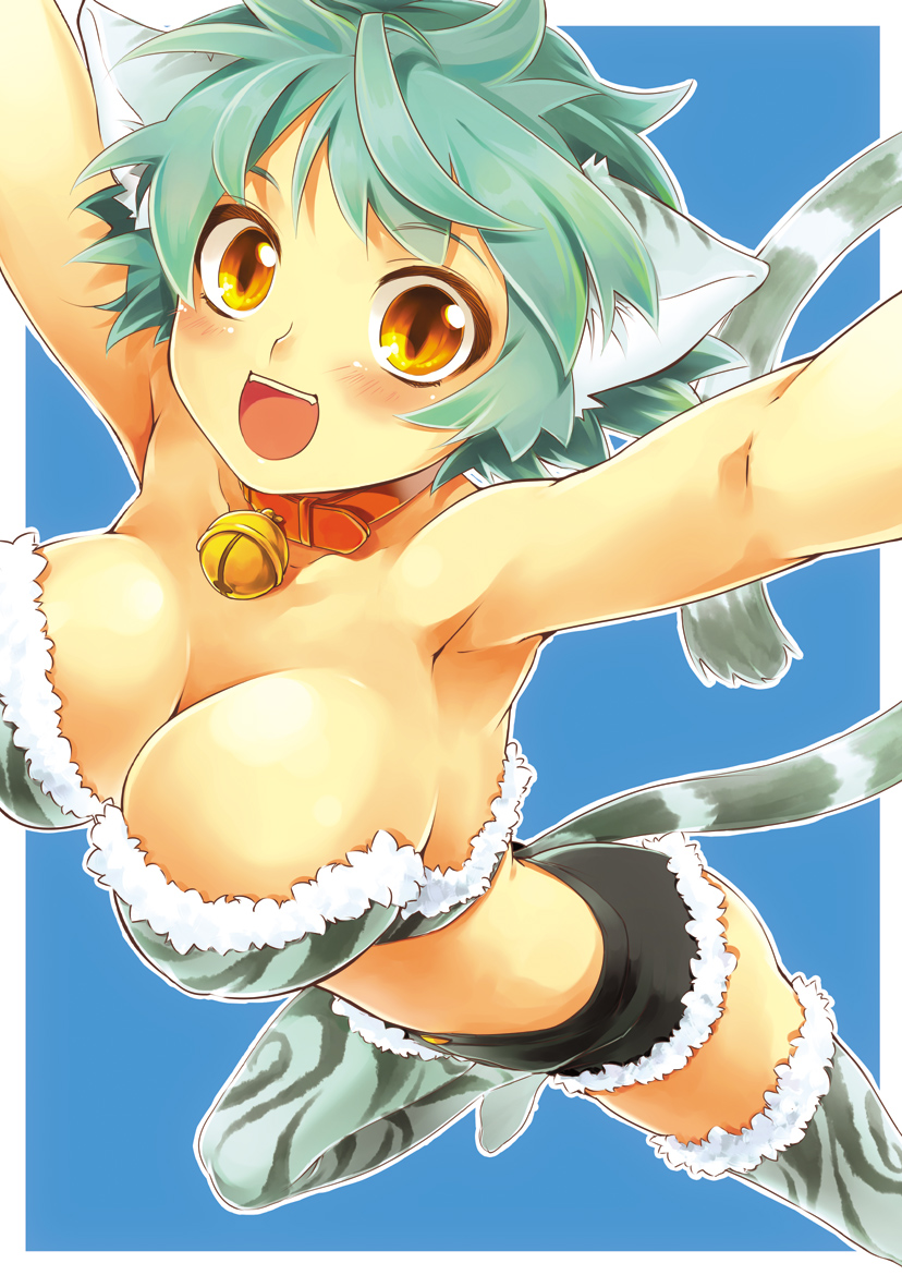 kayou (kayou-bi), original, 1girl, animal ears, aqua hair, armpits, arms up, bell, blush, breasts, brown eyes, cat ears, cat tail, cleavage, collar, female focus, jingle bell, large breasts, neck bell, short hair, shorts, slit pupils, smile, solo, tail, thighhighs, yellow eyes, zettai ryouiki