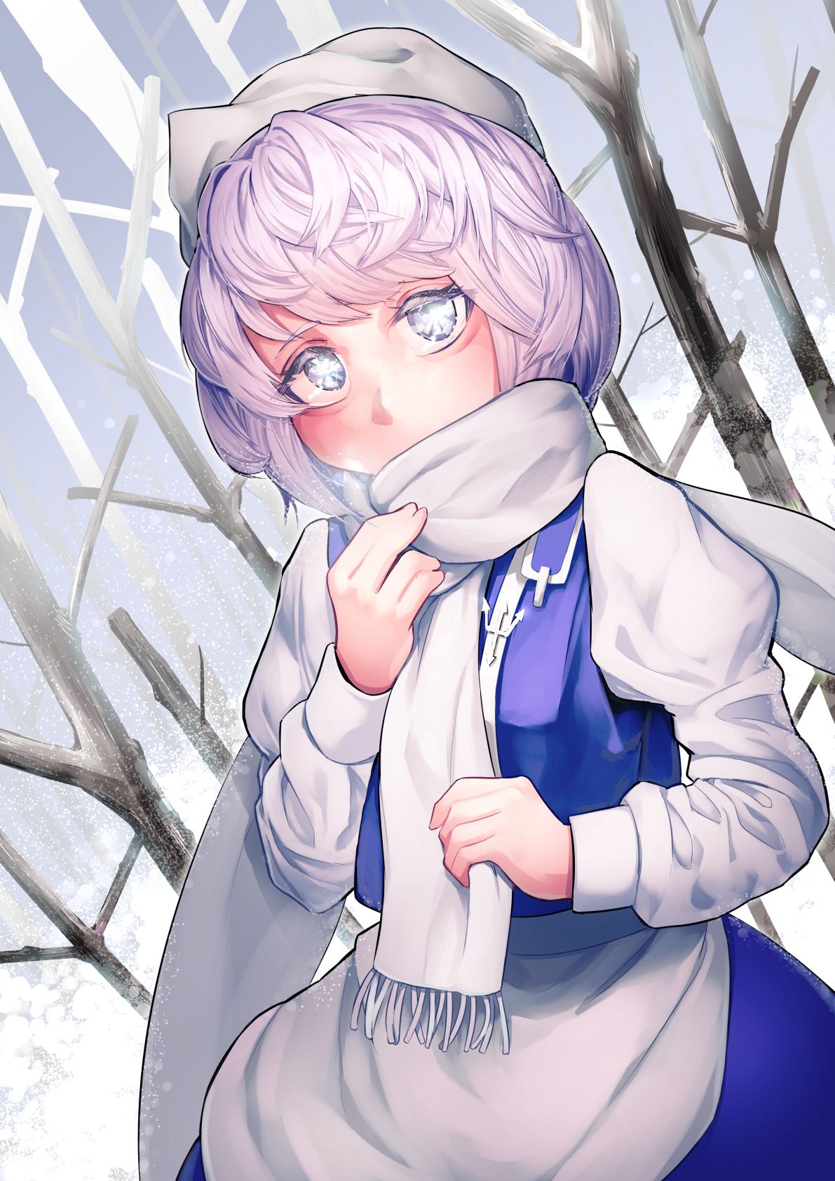 yawdeone, letty whiterock, touhou, commentary, highres, 1girl, aegyo sal, apron, blue skirt, blue vest, blush, breath, hat, juliet sleeves, long sleeves, looking at viewer, outdoors, puffy sleeves, purple hair, scarf, shirt, short hair, skirt, skirt set, solo, tree, vest, waist apron, white apron, white hat, white scarf, white shirt