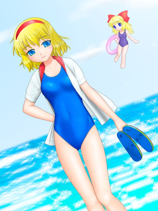oka takeshi, alice margatroid, shanghai doll, touhou, 1girl, barefoot, blonde hair, blue eyes, dutch angle, female focus, flip-flops, hairband, holding, holding shoes, holding unworn clothes, innertube, matching shanghai, ocean, one-piece swimsuit, sandals, shoes, short hair, solo, swim ring, swimsuit, swimsuit under clothes, unworn shoes