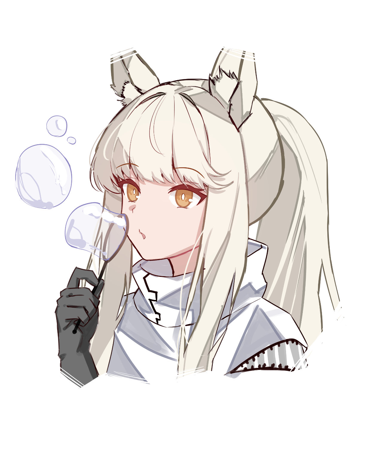 sparks summer, platinum (arknights), arknights, commentary, english commentary, highres, 1girl, animal ear fluff, animal ears, black gloves, blowing, blowing bubbles, bright pupils, cropped shoulders, gloves, grey hair, holding, jacket, long hair, ponytail, puckered lips, sidelocks, simple background, soap bubbles, solo, white background, white jacket, white pupils, yellow eyes