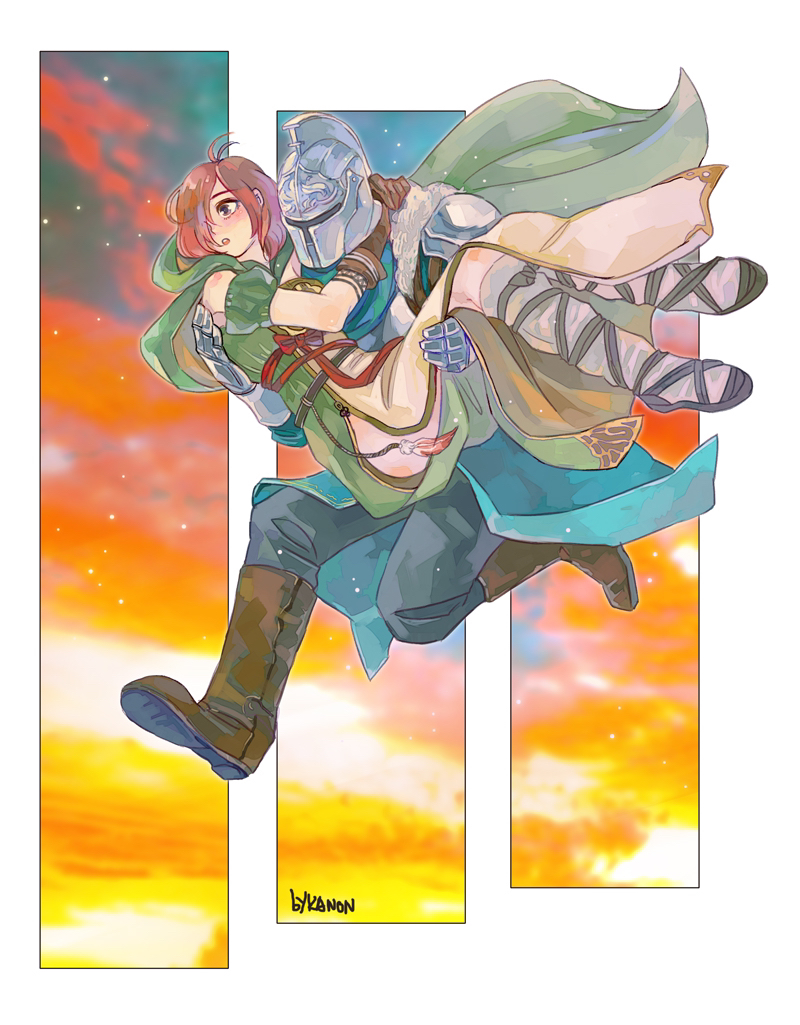 kanon (rsl), bearer of the curse, emerald herald, dark souls (series), dark souls ii, commentary, 1girl, 1other, ambiguous gender, antenna hair, artist name, black pants, blue shirt, boots, brown boots, brown eyes, brown gloves, brown hair, dress, full body, gauntlets, gloves, green dress, grey socks, hair over one eye, helm, helmet, jumping, looking afar, open mouth, orange sky, pants, shirt, short hair, sky, socks, sunset, tassel