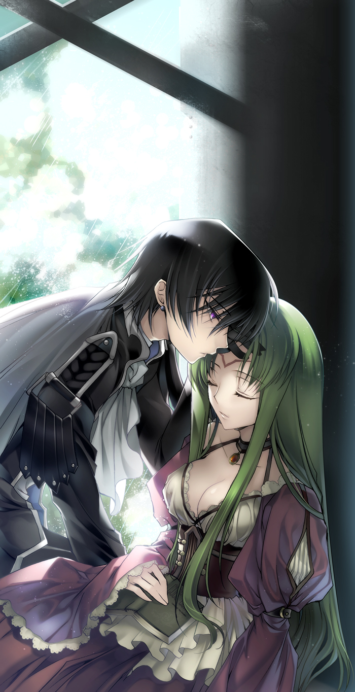 creayus, c.c., lelouch vi britannia, code geass, highres, 00s, 1boy, 1girl, black hair, book, breasts, cleavage, closed eyes, corset, couple, dress, earrings, facial mark, forehead mark, green hair, hetero, jewelry, large breasts, long hair, necklace, purple eyes, short hair, sleeping, sleeping upright, smile