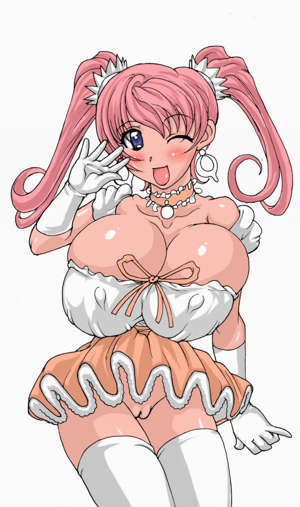 blush, breasts, cleavage, earrings, huge breasts, jewelry, one eye closed, pink hair, pussy, smile, thighhighs, waitress, wink