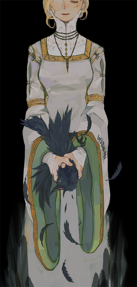 kanon (rsl), nashandra, dark souls (series), dark souls ii, commentary, 1girl, animal, artist name, bird, black background, blonde hair, closed eyes, crow, dress, feathers, feet out of frame, grey dress, holding, holding animal, holding bird, jewelry, long dress, long sleeves, necklace, open mouth, short hair, simple background, solo, standing, strangling, wide sleeves