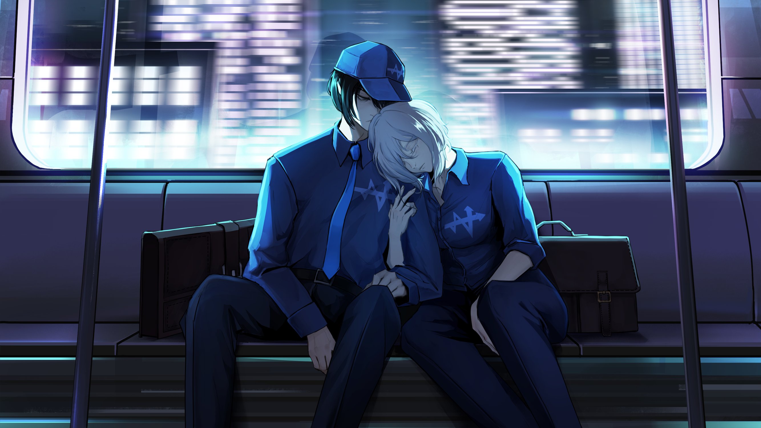 faust (project moon), yi sang (project moon), limbus company, project moon, commentary, english commentary, highres, 1boy, 1girl, backlighting, baseball cap, between legs, black eyes, black hair, blue necktie, blue shirt, breasts, city, closed eyes, collared shirt, feet out of frame, half-closed eye, hand between legs, hand on another's arm, hand on own knee, hat, head on another's shoulder, hetero, motion blur, necktie, neon lights, night, official alternate costume, shirt, short hair, train interior, w corp. (identity) (project moon), white hair, zio 444