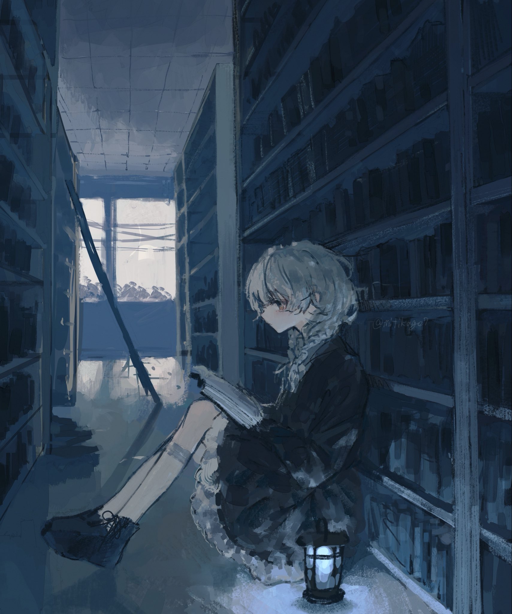 original, highres, 1girl, against bookshelf, black boots, black dress, book, bookshelf, boots, braid, brown eyes, dress, from side, full body, grey hair, hair over shoulder, holding, holding book, indoors, kneehighs, knees up, lantern, library, long sleeves, low twin braids, mitikage7, on floor, profile, reading, reflective floor, sitting, socks, solo, twin braids, white socks, window