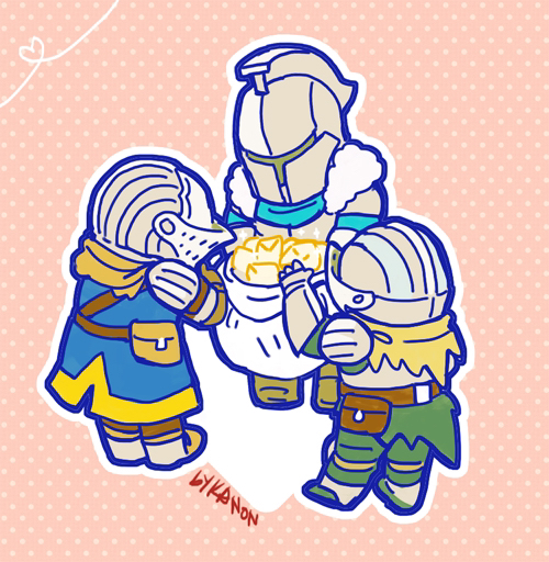 kanon (rsl), ashen one (dark souls), bearer of the curse, chosen undead, dark souls (series), dark souls i, dark souls ii, dark souls iii, commentary, 3others, ambiguous gender, armor, artist name, belt, belt pouch, blue shirt, blue tunic, brown belt, chibi, chibi only, full body, gauntlets, green pants, green shirt, helm, helmet, knight, multiple others, other focus, pants, pauldrons, pink background, polka dot, polka dot background, pouch, shirt, shoulder armor, standing, tunic
