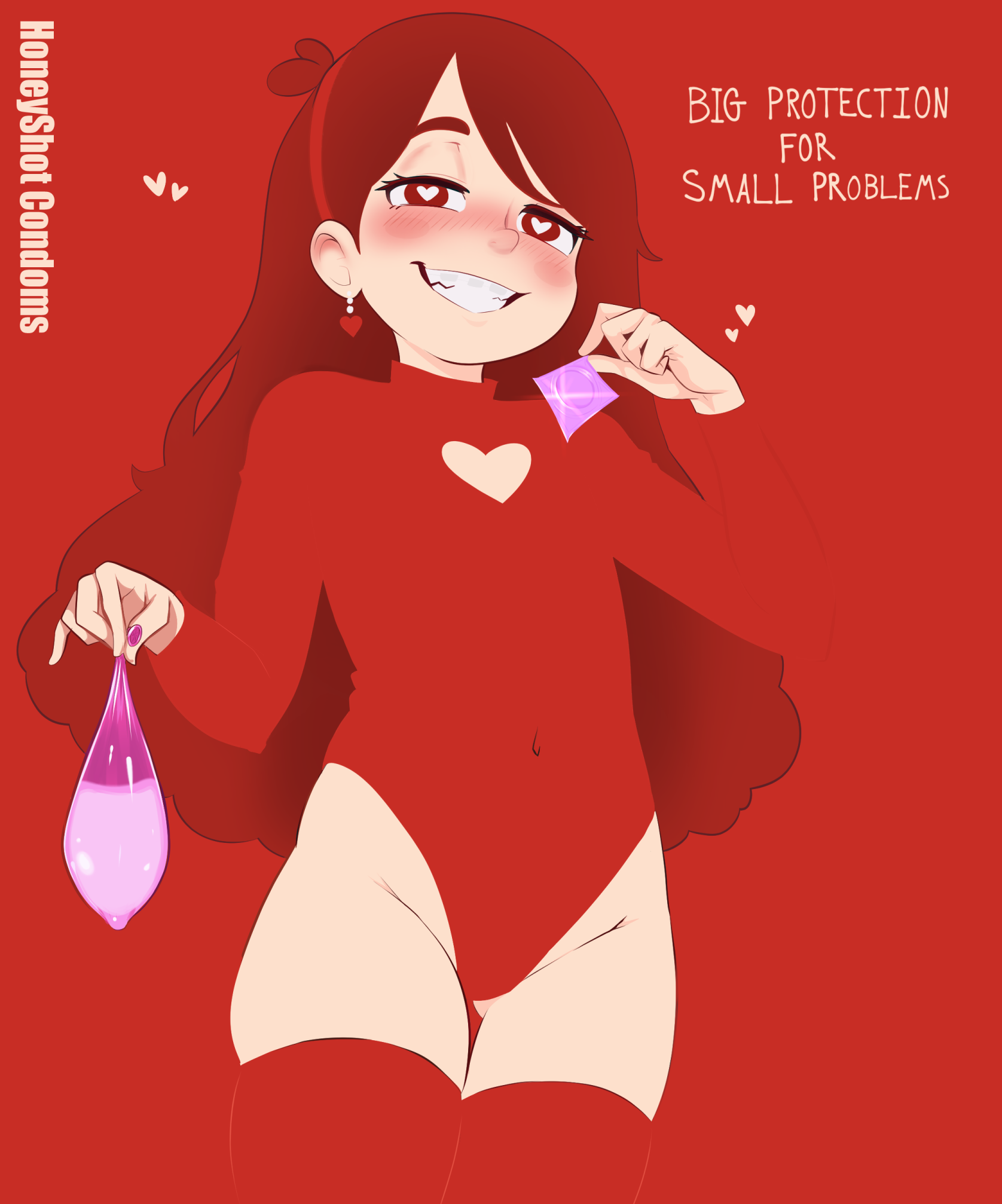 honeyshot, mabel pines, gravity falls, highres, 1girl, blending, blush, cleavage cutout, clothing cutout, condom, condom wrapper, earrings, english text, fake ad, flat chest, gluteal fold, groin, heart, heart-shaped pupils, holding, holding condom, jewelry, leotard, long hair, looking at viewer, naughty face, open mouth, red background, red eyes, red leotard, red theme, red thighhighs, simple background, smile, solo, symbol-shaped pupils, teeth, thighhighs, used condom