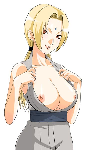 shinagawa ham, tsunade (naruto), naruto (classic), naruto (series), 1girl, blonde hair, breasts, female focus, large breasts, nipples, open clothes, open shirt, orange eyes, shirt, solo