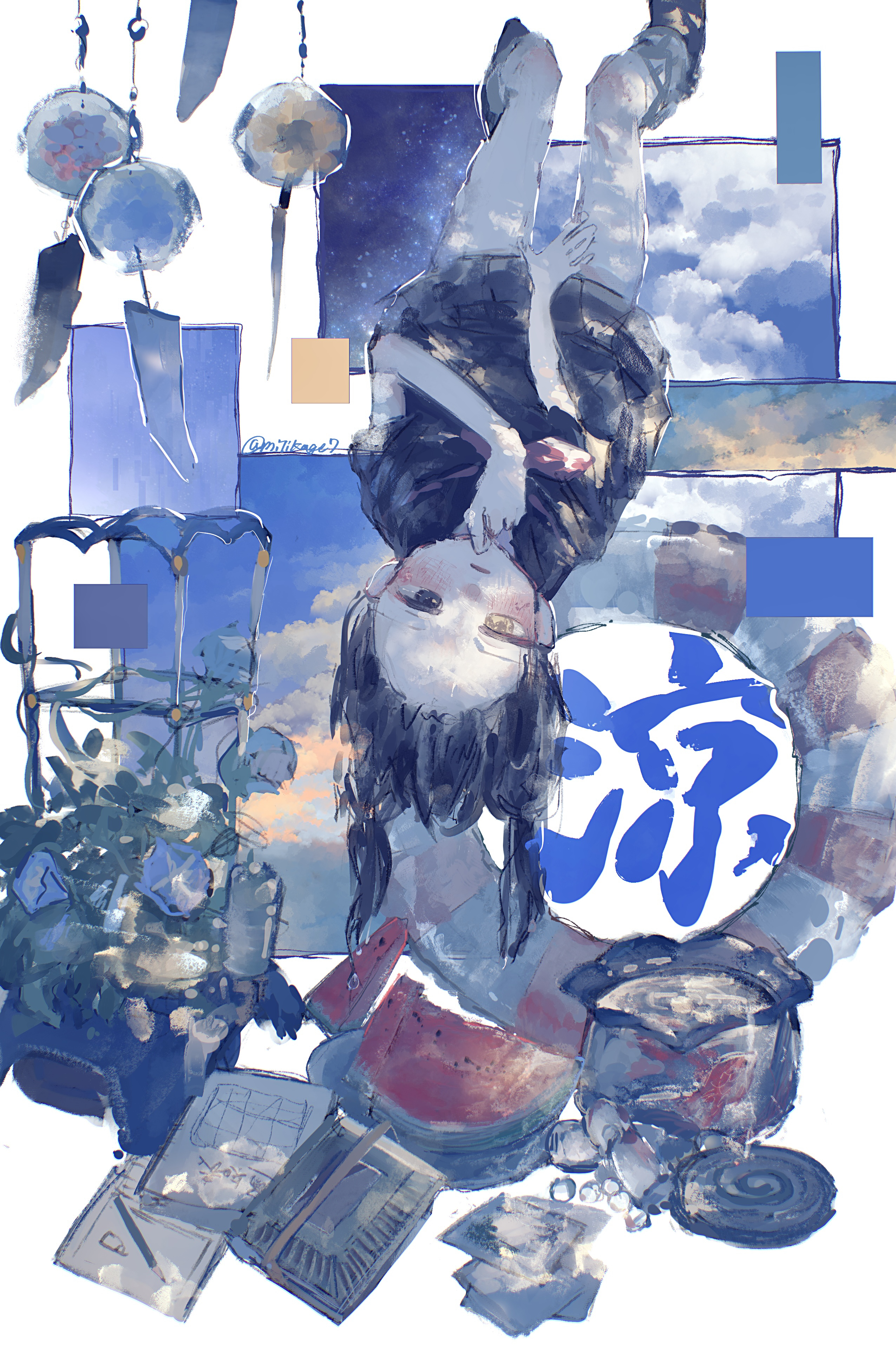 original, absurdres, commentary request, highres, 1girl, black eyes, black hair, black serafuku, black shirt, black skirt, blue sky, blush, book, cloud, collage background, dappled sunlight, fish, fishbowl, flower, flower pot, food, forehead, fruit, hand to own mouth, hand up, heterochromia, hydrangea, legs up, lifebuoy, long hair, looking at viewer, marble (toy), miniskirt, mitikage7, mosquito coil, night, night sky, notebook, parted lips, pencil, plant, potted plant, school uniform, serafuku, shirt, skirt, sky, solo, summer, sunlight, swim ring, trellis, twintails, twitter username, upside-down, watermelon, watermelon slice, white background, wind chime, yellow eyes