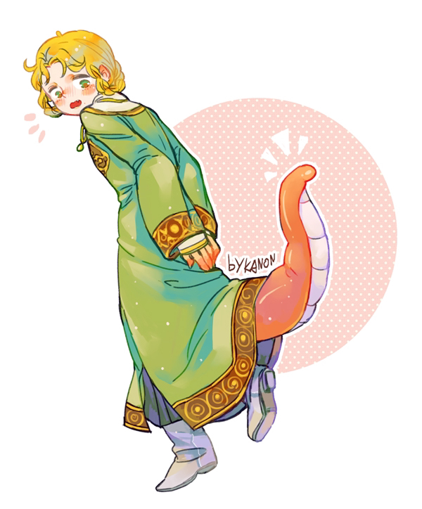 kanon (rsl), rya (elden ring), elden ring, commentary, 1girl, artist name, blonde hair, blush, boots, dress, fang, full body, green dress, green eyes, grey boots, long dress, looking back, looking down, notice lines, open mouth, short hair, simple background, snake tail, solo, standing, tail, white background