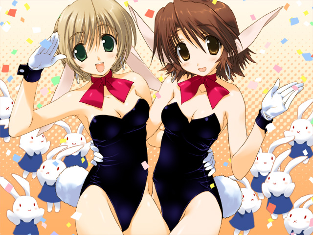 bunny girl, 2girls, animal ears, blonde hair, blush, breasts, brown eyes, brown hair, cleavage, gloves, green eyes, multiple girls, short hair, tail, thighhighs