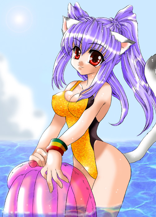 animal ears, beach, breasts, cat ears, cat tail, cleavage, long hair, purple hair, red eyes, swimsuit, tail, thighhighs