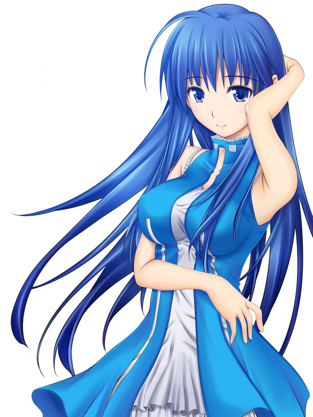 ribucci, arin (pangya), pangya, armpits, blue eyes, blue hair, blue theme, dress, long hair, simple background, solo, white background