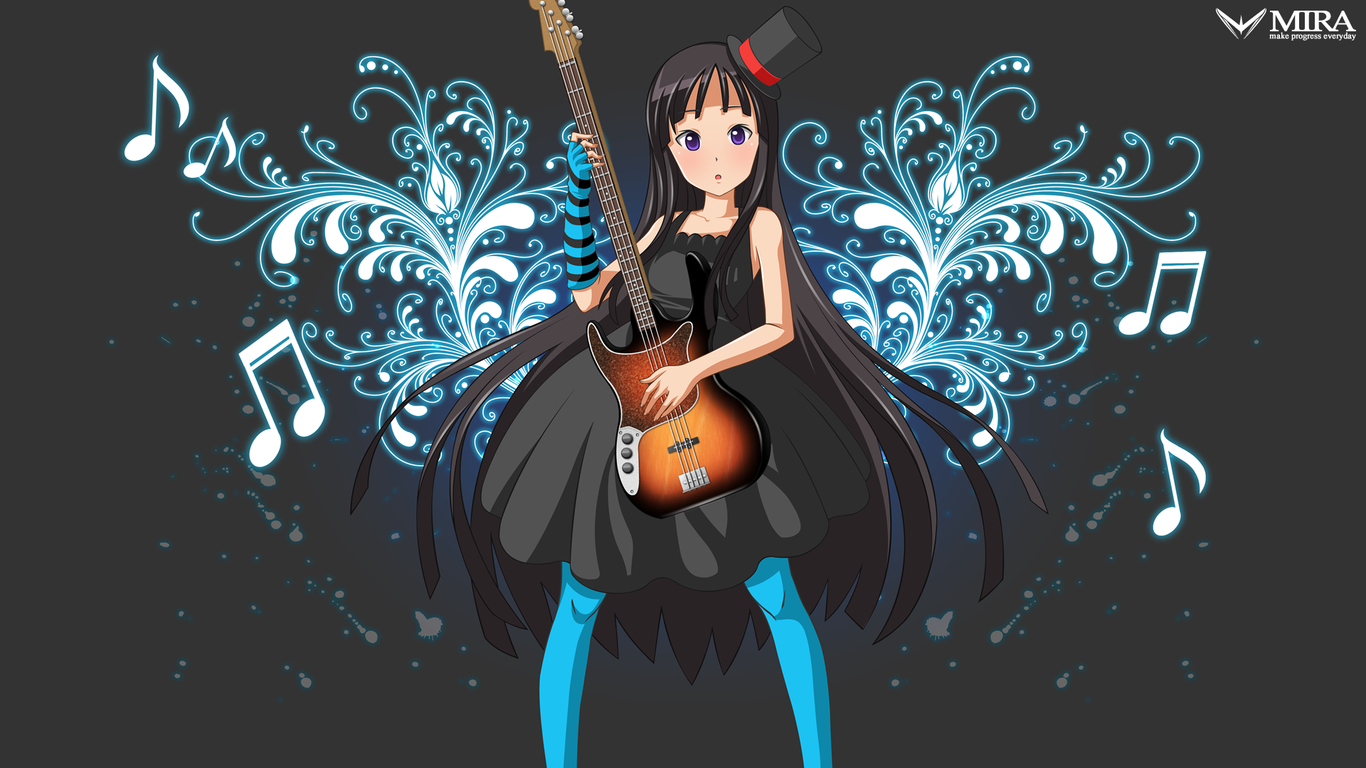mira (artist), mira (silence), akiyama mio, don't say "lazy", k-on!, highres, 00s, 1girl, bass guitar, black hair, blue pantyhose, blunt bangs, dress, female focus, fingerless gloves, gloves, guitar, hat, hime cut, instrument, long hair, mini hat, mini top hat, pantyhose, purple eyes, single glove, solo, top hat