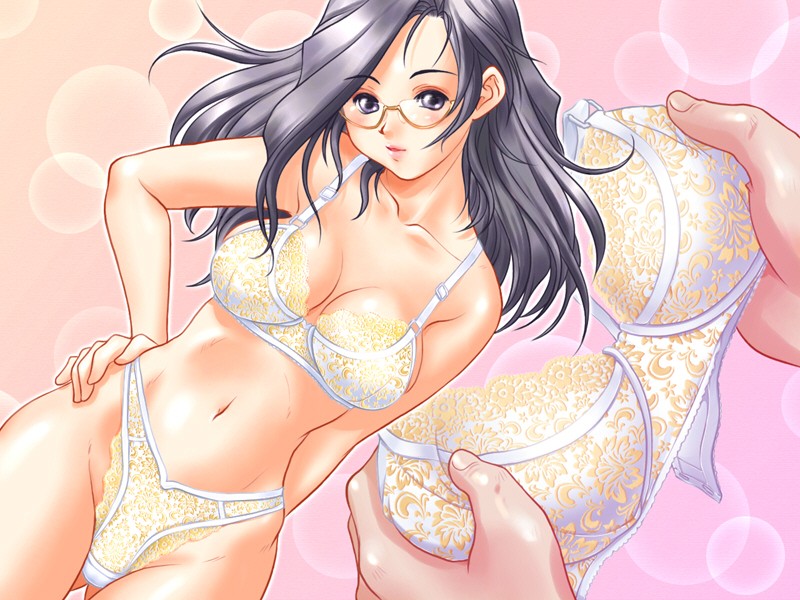 uchuu teiou, utsumi michiko, boku no atarashii sensei, game cg, 1girl, blush, bra, breasts, cleavage, glasses, grey eyes, grey hair, hand on own hip, head tilt, highleg, highleg panties, hip focus, holding, holding bra, holding underwear, holding unworn clothes, lace, lace panties, large breasts, lingerie, lipstick, long hair, makeup, navel, panties, teacher, underwear, underwear only, yellow panties