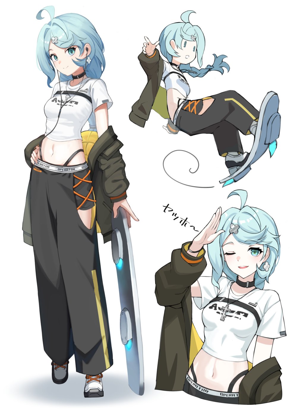 matsuhisa (ryo-tsuda1), seed (zenless zone zero), zenless zone zero, hashtag-only commentary, highres, 1girl, ahoge, black pants, blue eyes, blue hair, bracelet, chibi, choker, closed mouth, clothing cutout, crop top, cross-laced clothes, cross-laced legwear, earbuds, earphones, earrings, flower earrings, flower hairpin, from side, green jacket, hair ornament, hairpin, hand on own hip, hoverboard, jacket, jewelry, key, key necklace, leg cutout, long hair, looking at viewer, midriff, multiple views, navel, necklace, off shoulder, one eye closed, open mouth, pants, ponytail, salute, shirt, shoes, smile, solo, stomach, teeth, upper body, upper teeth only, white background, white shirt, white shoes