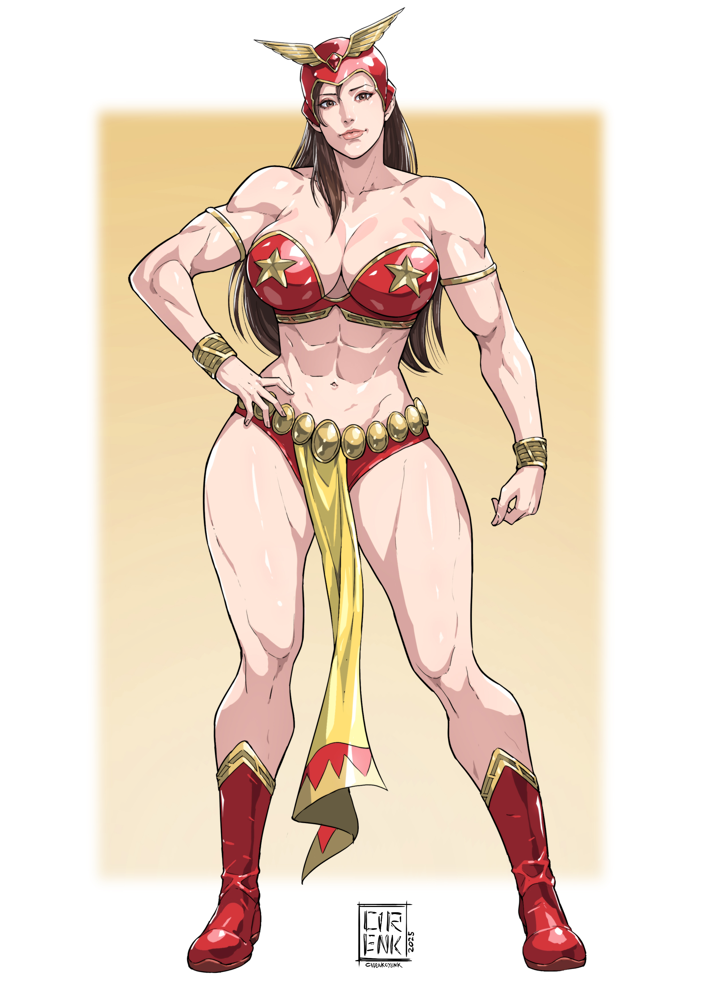 cirenk, original, absurdres, commentary, commentary request, commission, english commentary, highres, 1girl, 2025, abs, armlet, armor, artist name, bikini armor, breasts, gold wrist cuffs, helmet, jewelry, large breasts, muscular, muscular female, navel, solo, star (symbol)