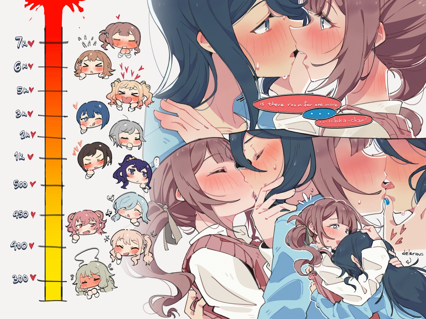 le0niigo, akiyama mizuki, asahina mafuyu, hanasato minori, hinomori shiho, hinomori shizuku, hoshino ichika (project sekai), kiritani haruka, kusanagi nene, mochizuki honami, momoi airi, shinonome ena, tenma saki, project sekai, commentary, highres, symbol-only commentary, > <, 1other, 6+girls, black hair, blonde hair, blue eyes, blue hair, blue nails, blue shirt, blush, brown hair, closed eyes, english text, fang, flying sweatdrops, french kiss, full-face blush, green hair, grey hair, heart, hug, kiss, kiss meter (meme), licking lips, long hair, meme, mole, mole under mouth, multiple girls, one eye closed, open mouth, orange hair, pink eyes, pink hair, pink sweater vest, ponytail, purple eyes, purple hair, shirt, short hair, side ponytail, simple background, speech bubble, sweat, sweater vest, tongue, tongue out, twintails, two side up, white background, white shirt, yuri