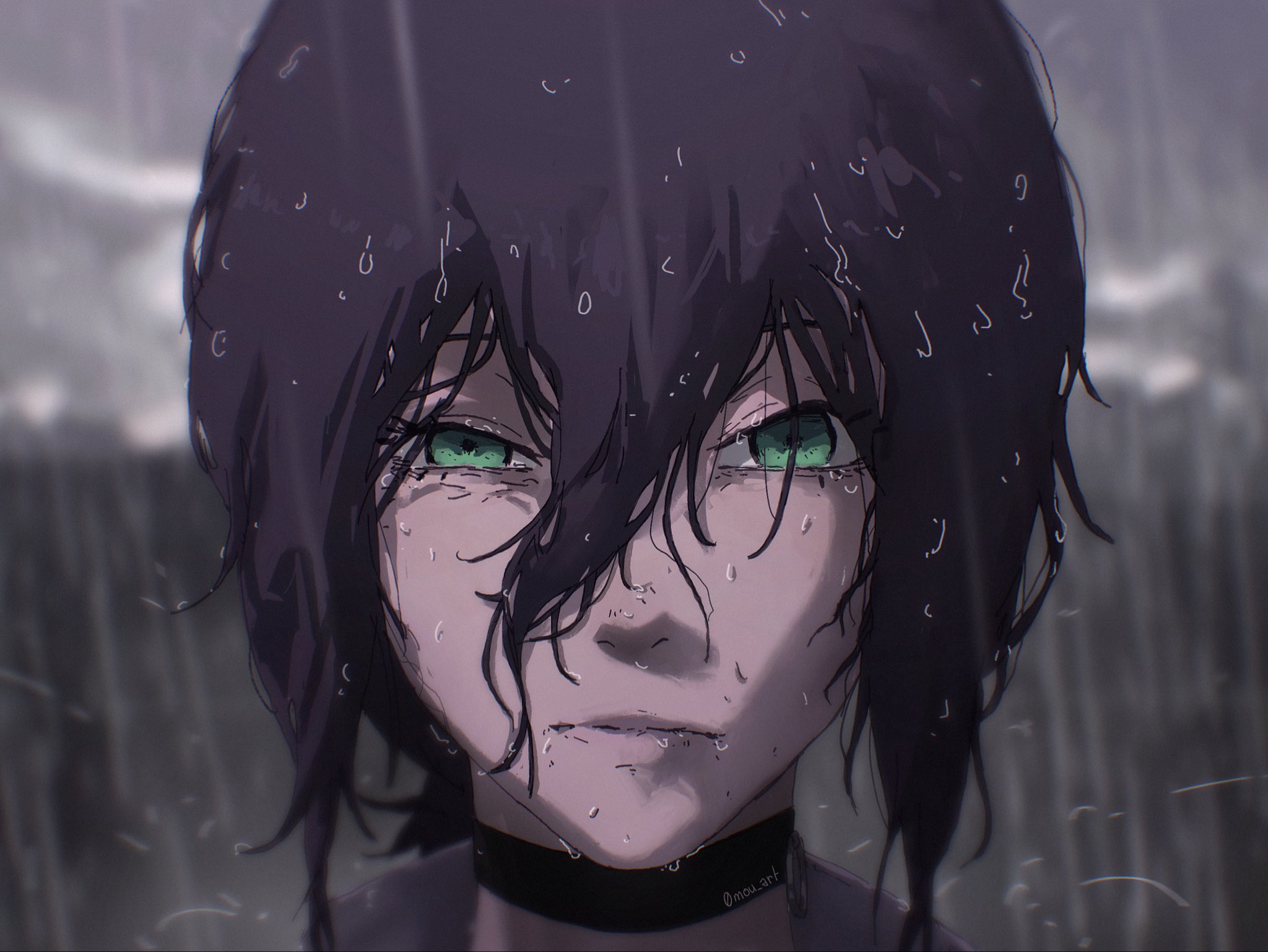 reze (chainsaw man), chainsaw man, highres, 0mou art, 1girl, black choker, choker, close-up, green eyes, hair between eyes, looking at viewer, outdoors, purple hair, rain, solo, wet, wet hair