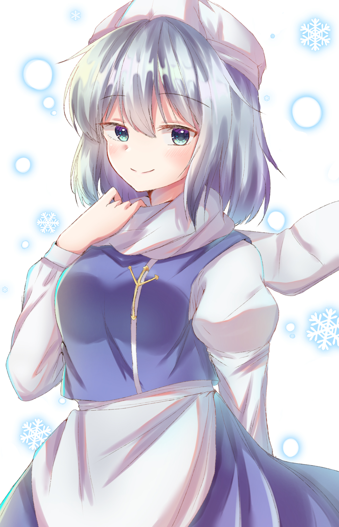 hayashida chiyo, letty whiterock, touhou, commentary, highres, 1girl, apron, blue eyes, blue hair, blue skirt, blue vest, blush, hat, long sleeves, looking at viewer, scarf, shirt, short hair, skirt, skirt set, smile, snowflakes, solo, vest, waist apron, white apron, white hat, white scarf, white shirt