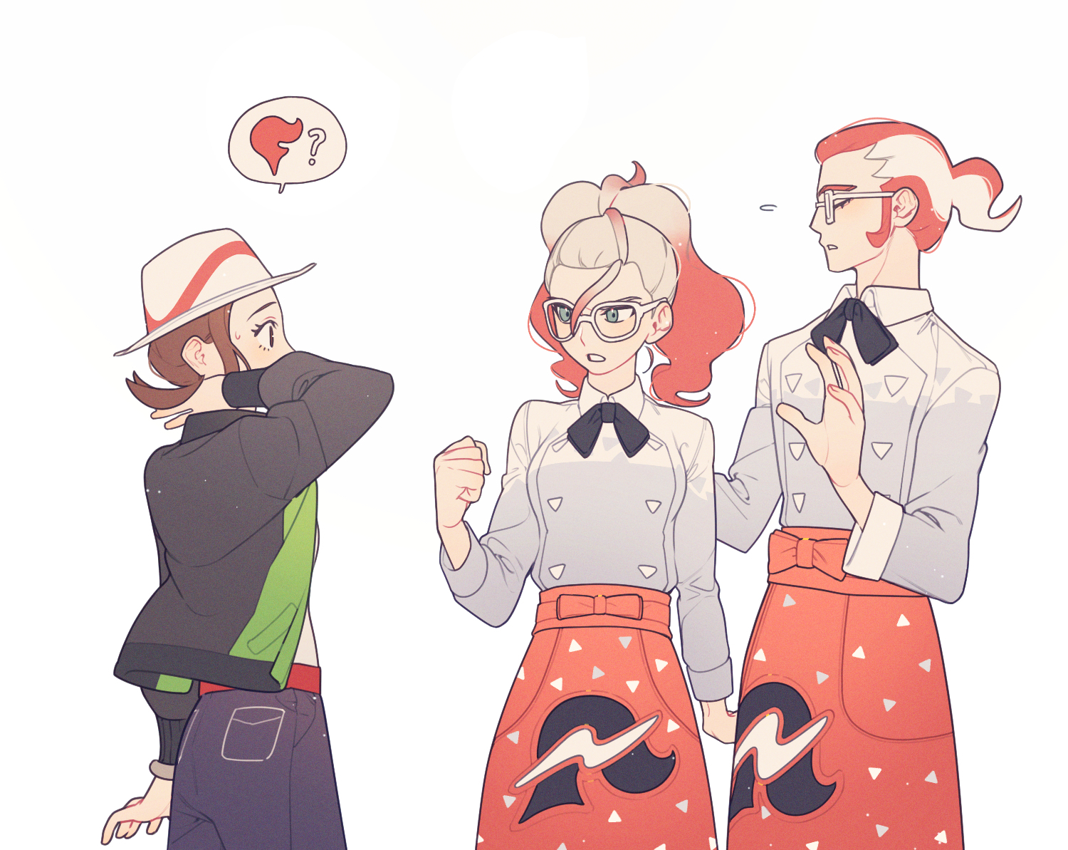 rumong, griselle (pokemon), grisham (pokemon), harmony (pokemon), nintendo, pokemon, pokemon legends: z-a, commentary request, korean commentary, 1boy, 2girls, apron, black bow, black bowtie, bow, bowtie, bracelet, brown hair, clenched hand, closed eyes, flying sweatdrops, glasses, green eyes, hand up, hat, jacket, jewelry, long sleeves, looking at another, multiple girls, pants, print apron, simple background, waist apron, white-framed eyewear, white background, white hat