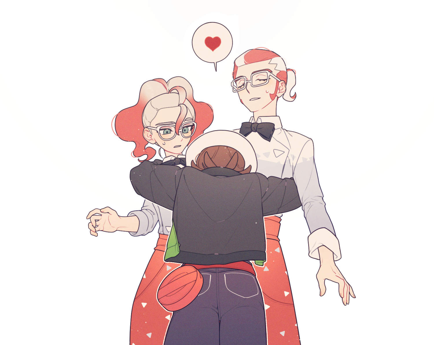 rumong, griselle (pokemon), grisham (pokemon), harmony (pokemon), nintendo, pokemon, pokemon legends: z-a, commentary request, korean commentary, 1boy, 2girls, apron, bag, black bow, black bowtie, bow, bowtie, brown hair, closed eyes, glasses, green eyes, hat, hug, jacket, looking at another, looking down, multiple girls, pants, print apron, simple background, sweatdrop, waist apron, white-framed eyewear, white background, white hat