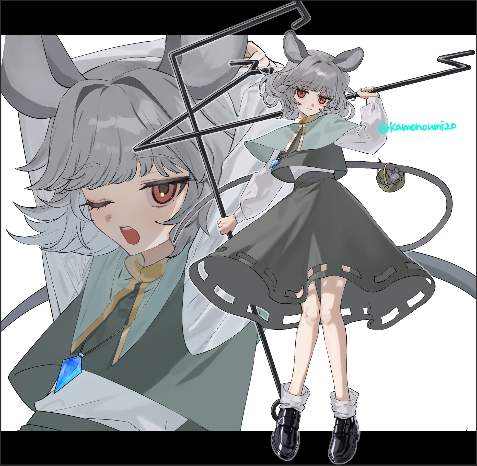 marimo tarou, nazrin, touhou, commentary request, highres, 1girl, :o, animal ears, arms behind head, arms up, basket, black border, black shoes, border, capelet, dowsing rod, full body, grey capelet, grey hair, grey skirt, grey vest, hair intakes, hand up, holding, holding with tail, jewelry, loafers, long sleeves, looking at viewer, loose socks, medium skirt, mouse (animal), mouse ears, mouse girl, mouse tail, multiple views, necklace, one eye closed, open mouth, pendant, prehensile tail, red eyes, shirt, shoes, short hair, signature, skirt, socks, tail, upper body, vest, wavy hair, white background, white shirt, white socks