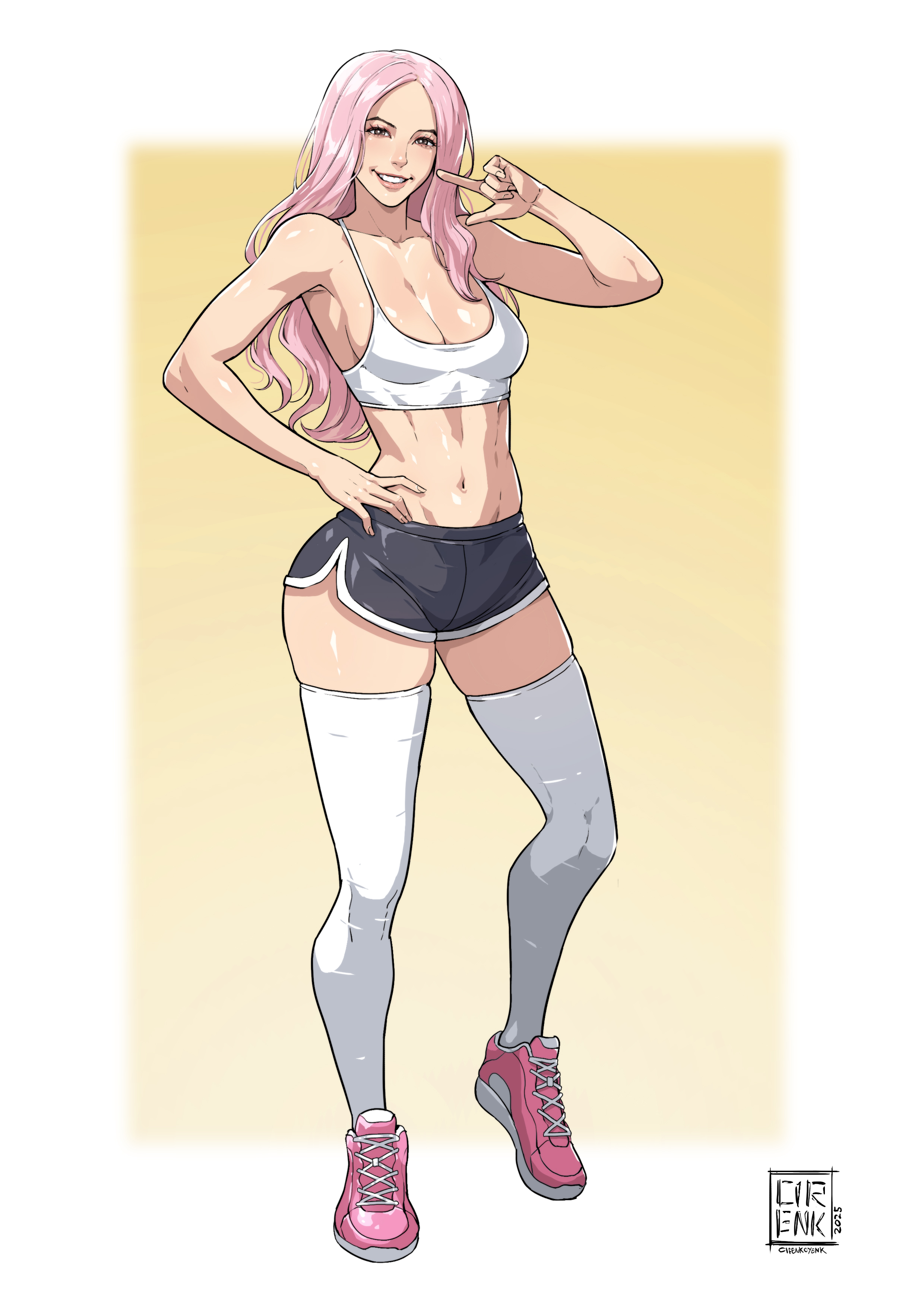 cirenk, original, absurdres, commentary, commission, english commentary, highres, 1girl, 2025, artist name, breasts, long hair, navel, pink hair, pink shoes, shoes, shorts, solo, thighhighs, white thighhighs