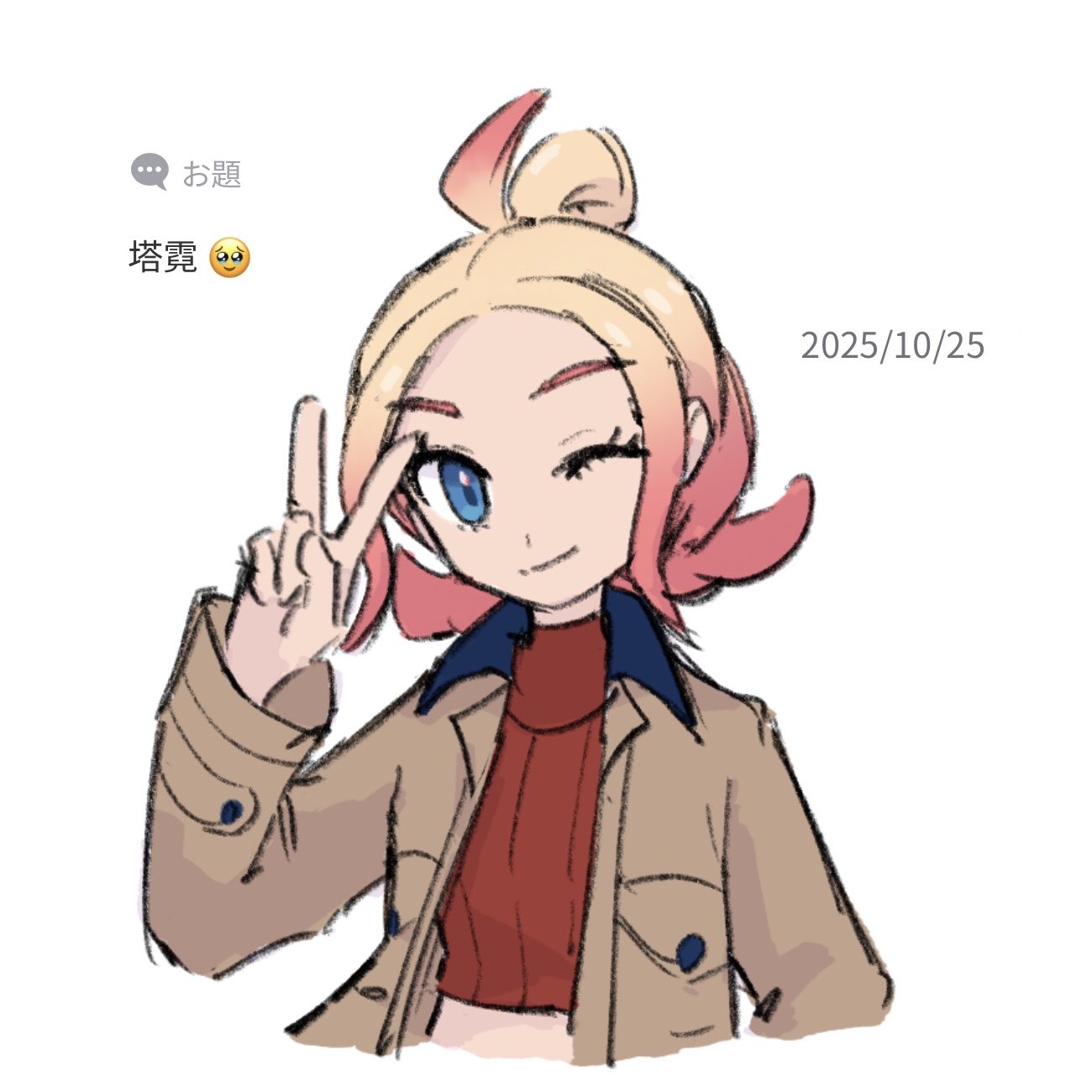 xlii idk, taunie (pokemon), nintendo, pokemon, pokemon legends: z-a, highres, 1girl, ;), blonde hair, blue eyes, brown jacket, closed mouth, cropped torso, dated, eyelashes, hand up, happy, jacket, looking at viewer, one eye closed, open clothes, open jacket, red shirt, ribbed shirt, shirt, smile, solo, upper body, v