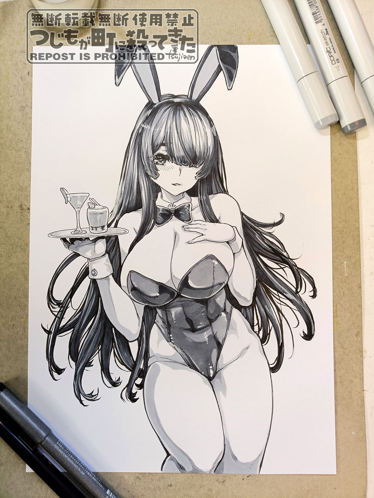 tsujizen, original, highres, pen (medium), photo (medium), traditional media, 1girl, animal ears, blush, bow, bowtie, breasts, cleavage, cocktail glass, cup, drinking glass, eyebrows hidden by hair, fake animal ears, greyscale, groin, hair between eyes, hair over one eye, hand on own chest, highleg, highleg leotard, holding, holding tray, large breasts, leotard, long hair, looking at viewer, monochrome, open mouth, playboy bunny, rabbit ears, simple background, solo, tray, white background, wrist cuffs