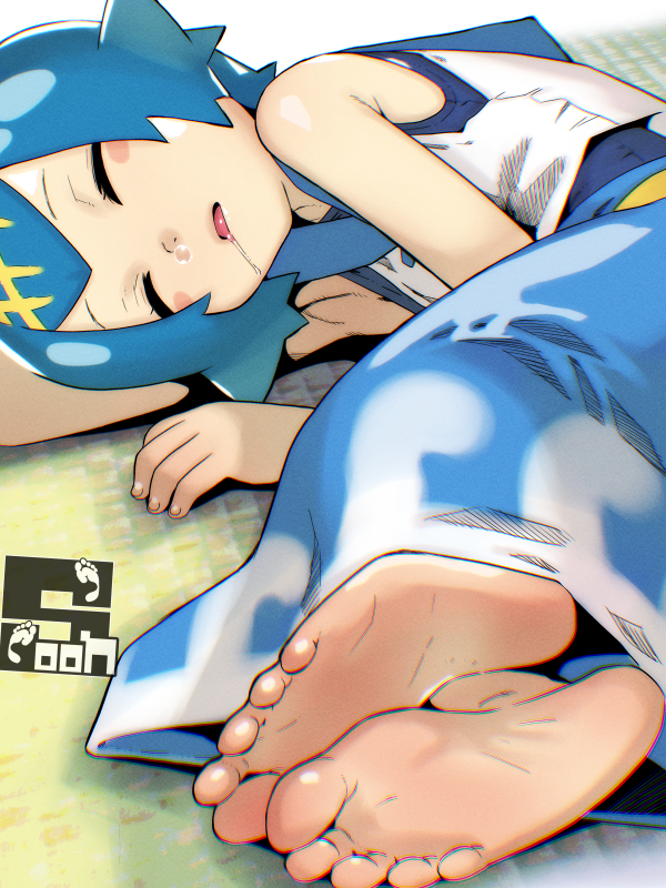soon (c-u-soon), lana (pokemon), nintendo, pokemon, pokemon sm, 1girl, barefoot, blue hair, blue one-piece swimsuit, blue pants, blue sailor collar, closed eyes, drooling, feet, foot focus, foreshortening, hair ornament, lying, mouth drool, on side, one-piece swimsuit, open mouth, pants, sailor collar, saliva, shirt, short hair, sleeping, sleeveless, sleeveless shirt, soles, solo, swimsuit, swimsuit under clothes, toes, white shirt