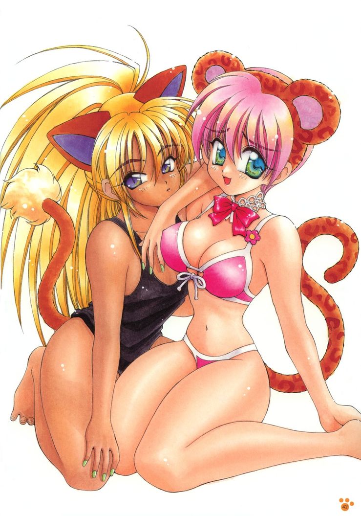 2girls, animal ears, blonde hair, breasts, cat ears, cat tail, cleavage, green eyes, kneeling, long hair, multiple girls, nail polish, navel, pink hair, purple eyes, short hair, tail, thighhighs