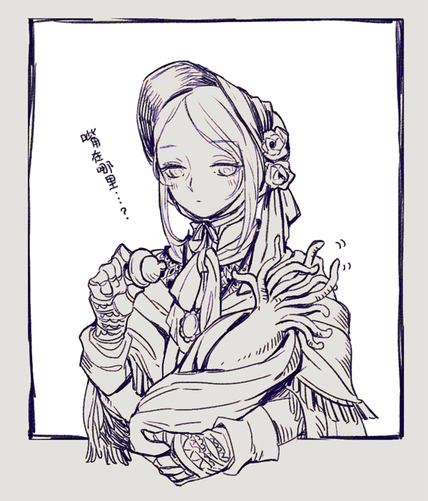 kanon (rsl), hunter (great one) (bloodborne), plain doll, bloodborne, commentary, translation request, 1girl, bonnet, chinese text, closed mouth, doll joints, dress, expressionless, flower, fringe trim, greyscale, hair flower, hair ornament, joints, looking at viewer, monochrome, pacifier, short hair, solo